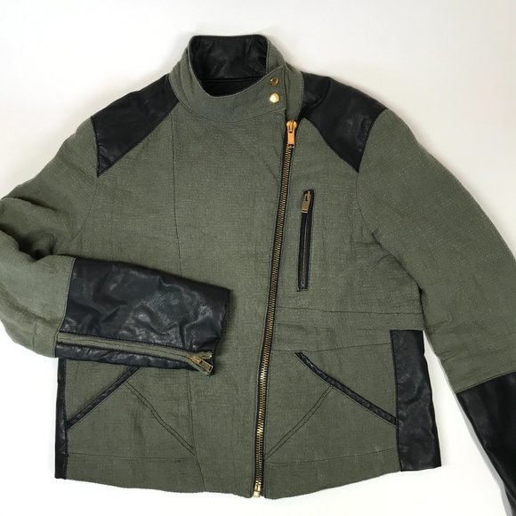 Zara Moto Jacket Women's L Asymmetrical Olive Green Black Sleeve Gold Zip Spring - Picture 2 of 10